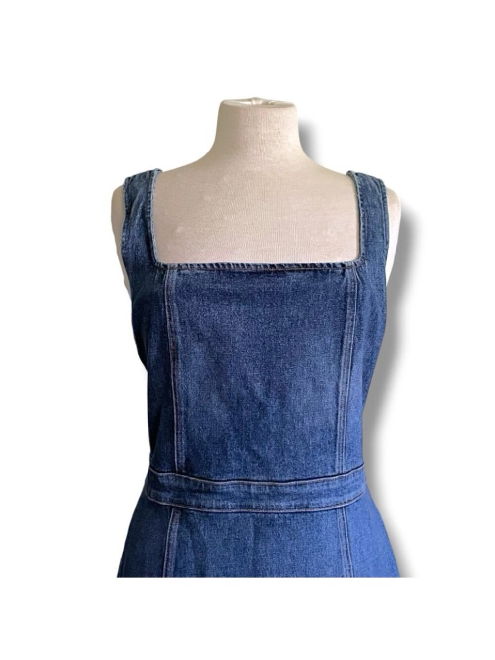 Reformation Womens Parker Denim Pinafore Dress Sz 14 Blue Square Neck Minimalist - Picture 5 of 12